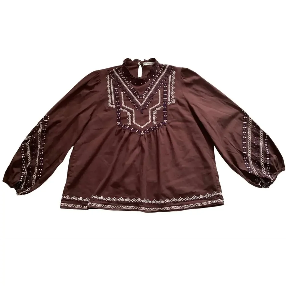 Zara Embroidered Beaded Bohemian Blouse Mock Neck Balloon Sleeve Plum Brown XL - Picture 3 of 6
